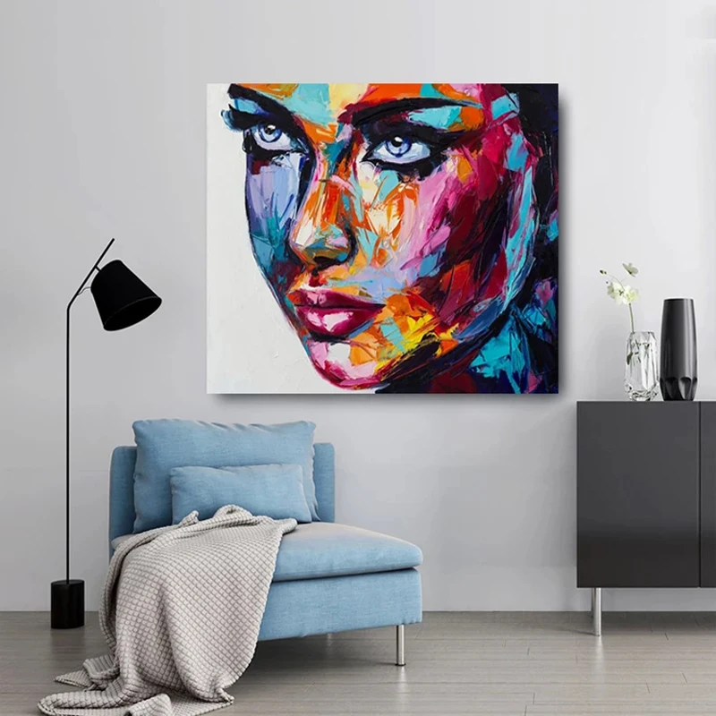Pure Hand Painted Pop Portrait Impasto Oil Painting, Chunky Palette Knife Rainbow Lady Face Square Canvas Urban Loft Wall Art