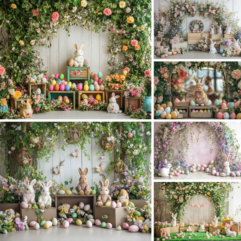 

Spring Easter Background For Photography Easter Egg Flower Tulip Bunny Kids Birthday Baby Shower Portrait Photo Backdrop Decor