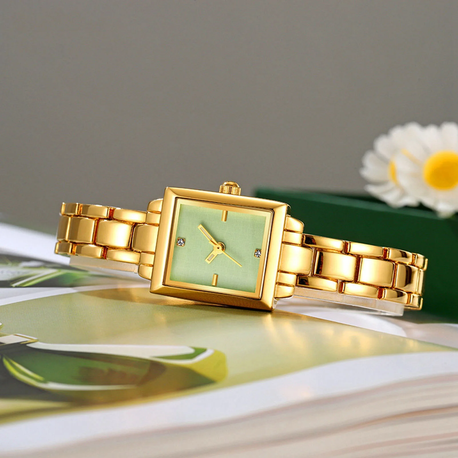 Women Stainless Steel Wristwatch Stylish Rhinestone Rectangular Quartz Stainless Steel Watch Water Proof 30m for Daily Use