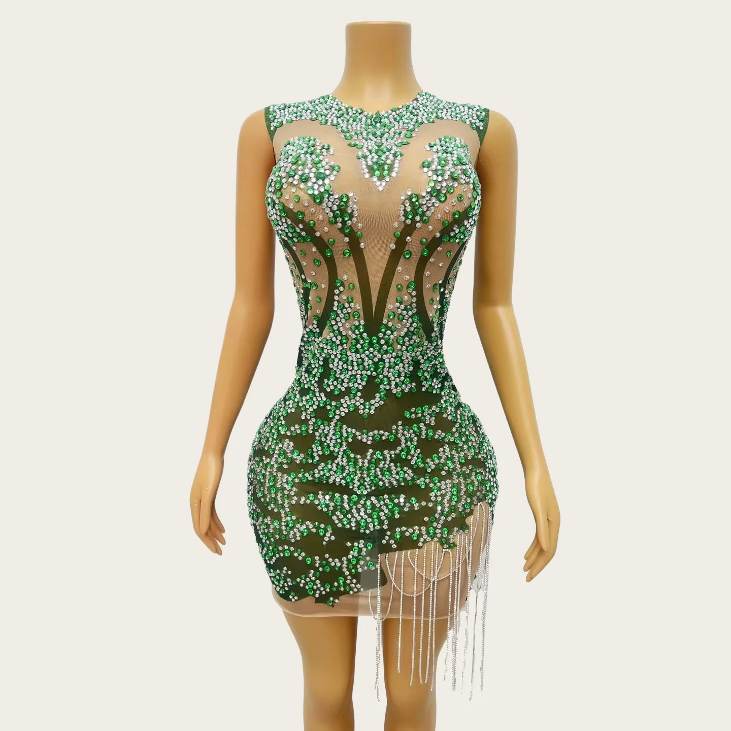 

Sparkly Rhinestone Tassel See Through Mesh Mini Dress Birthday Celebrate Party Green Short Dress Nightclub Prom Outfit Shenlin