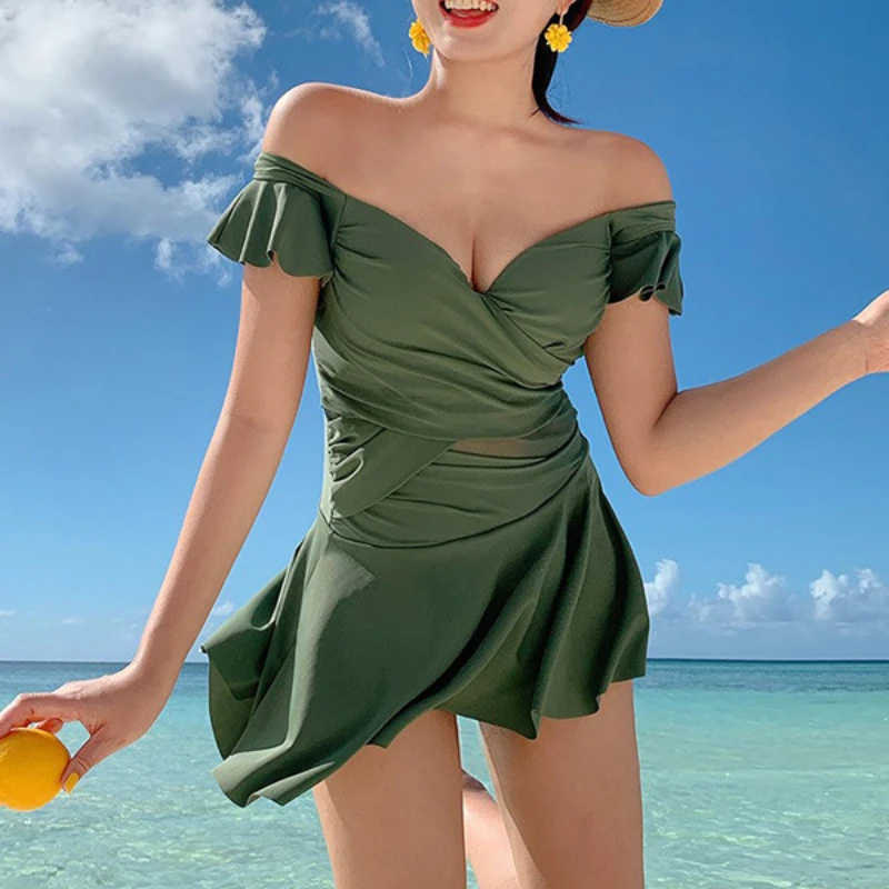 

Sexy Bikini High Waist Solid Belly Shading V-Neck Ruffle Sleeve 2024 Summer Beach Fashion Holiday Newest Swimwear 1-Piece Skirt