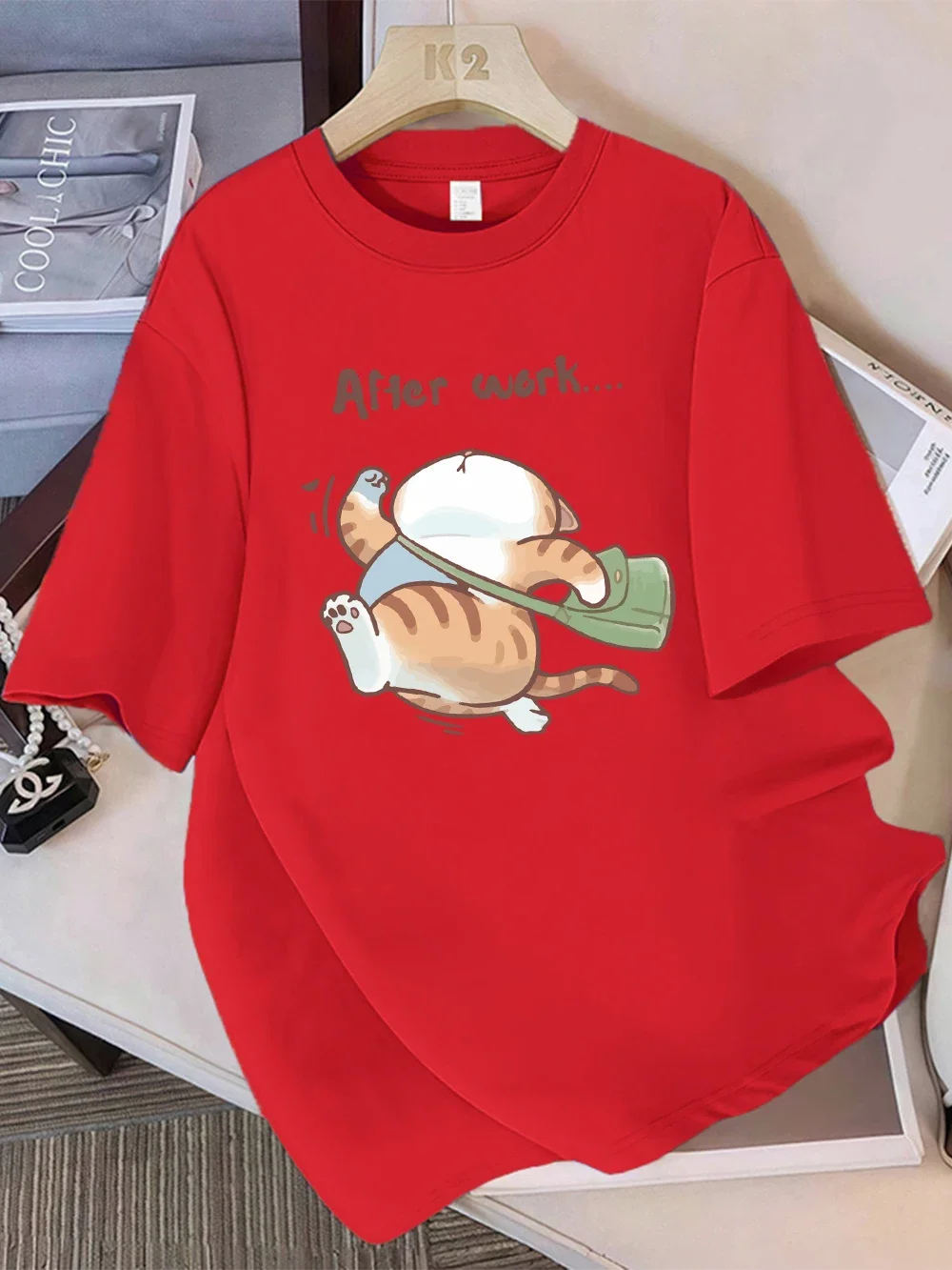 Summer T-Shirts Womens The Cat That Runs After Work Prints Tops Soft O-Neck Short Sleeve Tees Basic Clothes women clothing tops