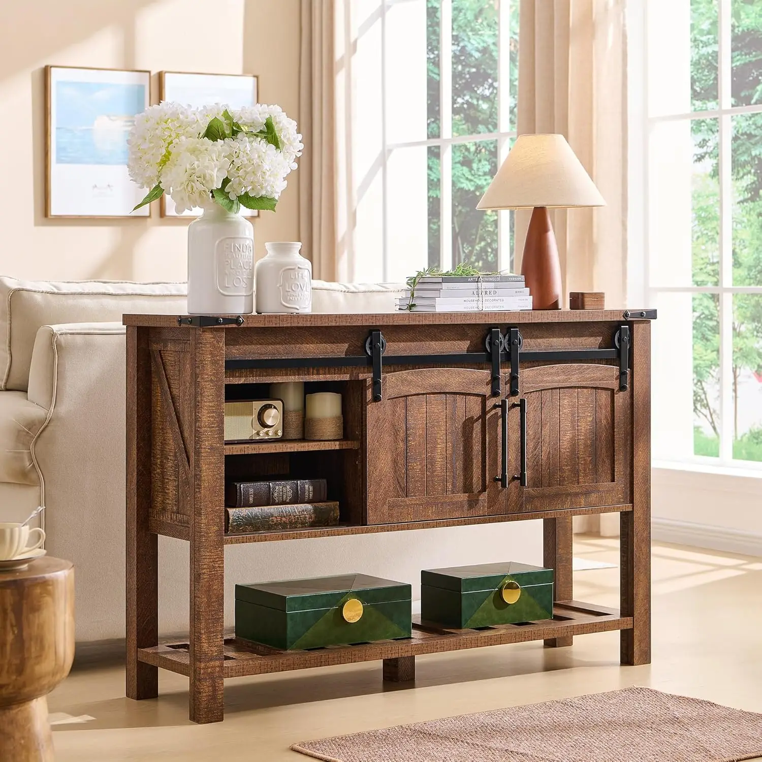 Okd Farmhouse Entryway Table With Sliding Arch Doors, 46"" Rustic Console Table With Adjustable Shelf & Open Shelf Space, Wood