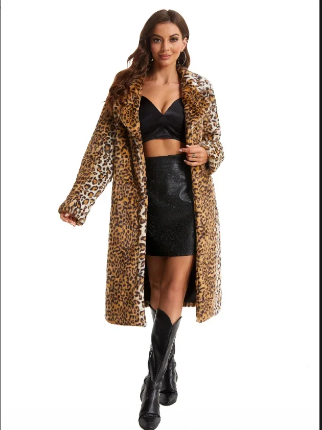 2024 Leopard Faux Fur Coat Women Long Coats Turn Down Collar Long Sleeve Autumn Winter High Waist Loose Maxi Elegant Jacket