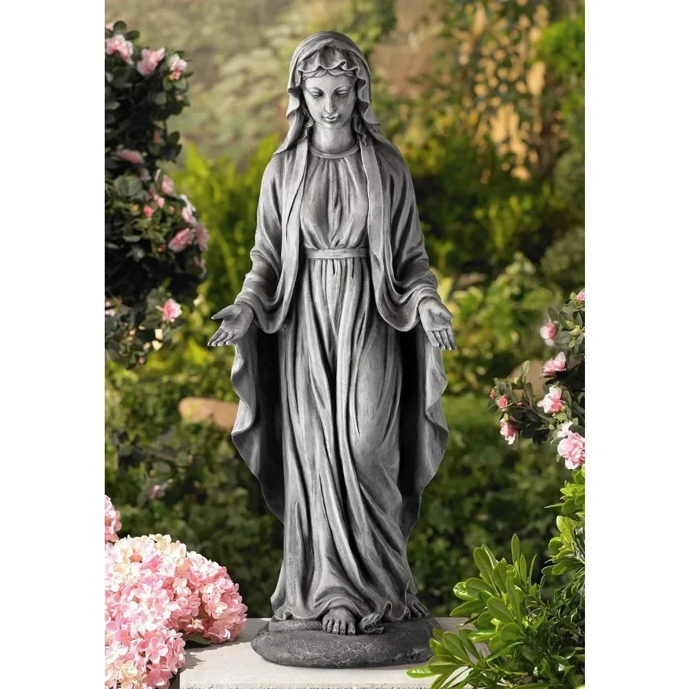 The statue of the Virgin Mary, sacred decoration, outdoor garden, home yard, gray stone veneer, ceramic 29 inches high