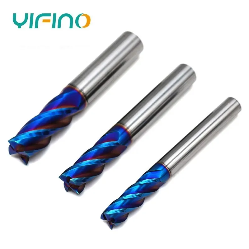 YIFINO HRC70 4-Flute Milling Cutter Tungsten Steel Carbide Blue Nano Coating Flat End Mill For CNC Machining Endmills Tools