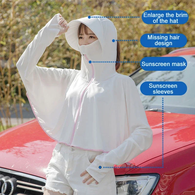 UPF50+ Sonnenschutzkleidung, Sommer-Eisseide, Anti-UV-Kapuze, atmungsaktiv, Sonnenschutz-Shirt, Sonnenumhang, Reißverschluss, leicht, Kapuzenpullover