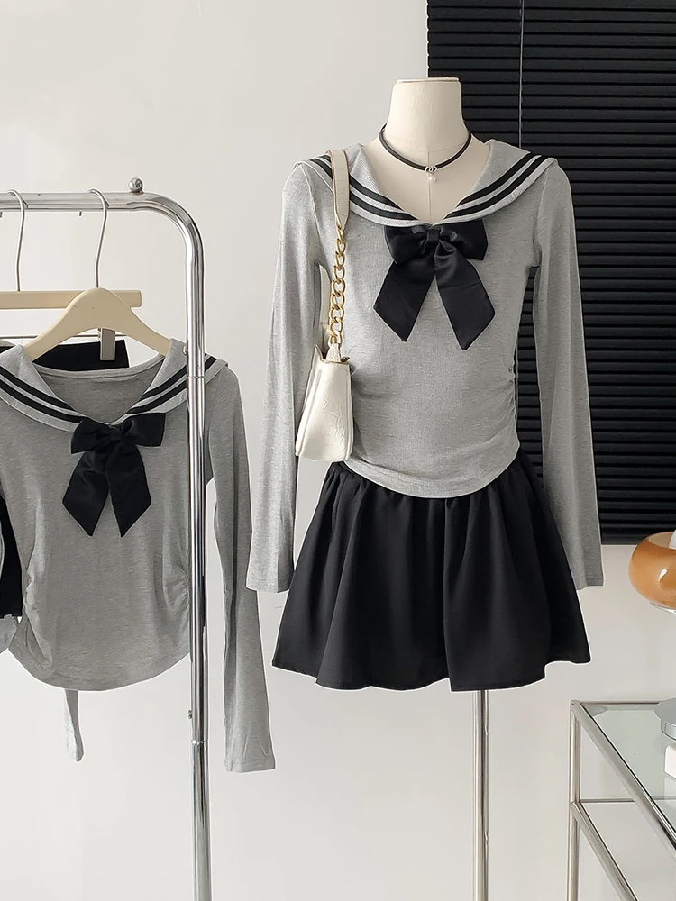 Autumn Winter Japanese Gyaru Cute Core JK Preppy Korean Women Outfits 2 Piece Set Long Sleeve Sailor Collar Bow Top + Mini Skirt