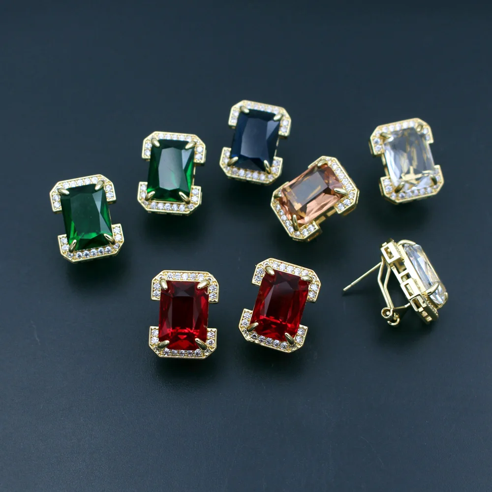 

6pair Quality Colors Green Blue CZ Zircon Rectangle Earrings Post Silver Gold Plated Copper Studs For DIY Women Bridal Earrings