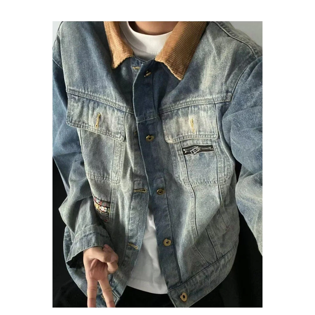 ريترو فضفاض طوق الدنيم Jaet للرجال عادية ربيع الخريف جديد Sle العصرية ملابس خارجية الوقوف صالح طويل Sve الجينز Jaet #1