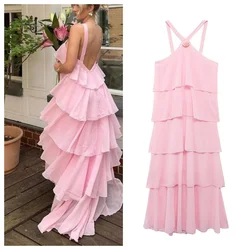 High-end new halter neck backless dress for women new design long sweet sling cake dress