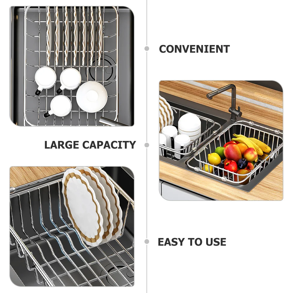 

Stainless Steel Sink Draining Basket Kitchen Storage Rack Smooth Edge Dish Drainer Expandable Dish Drying Holder