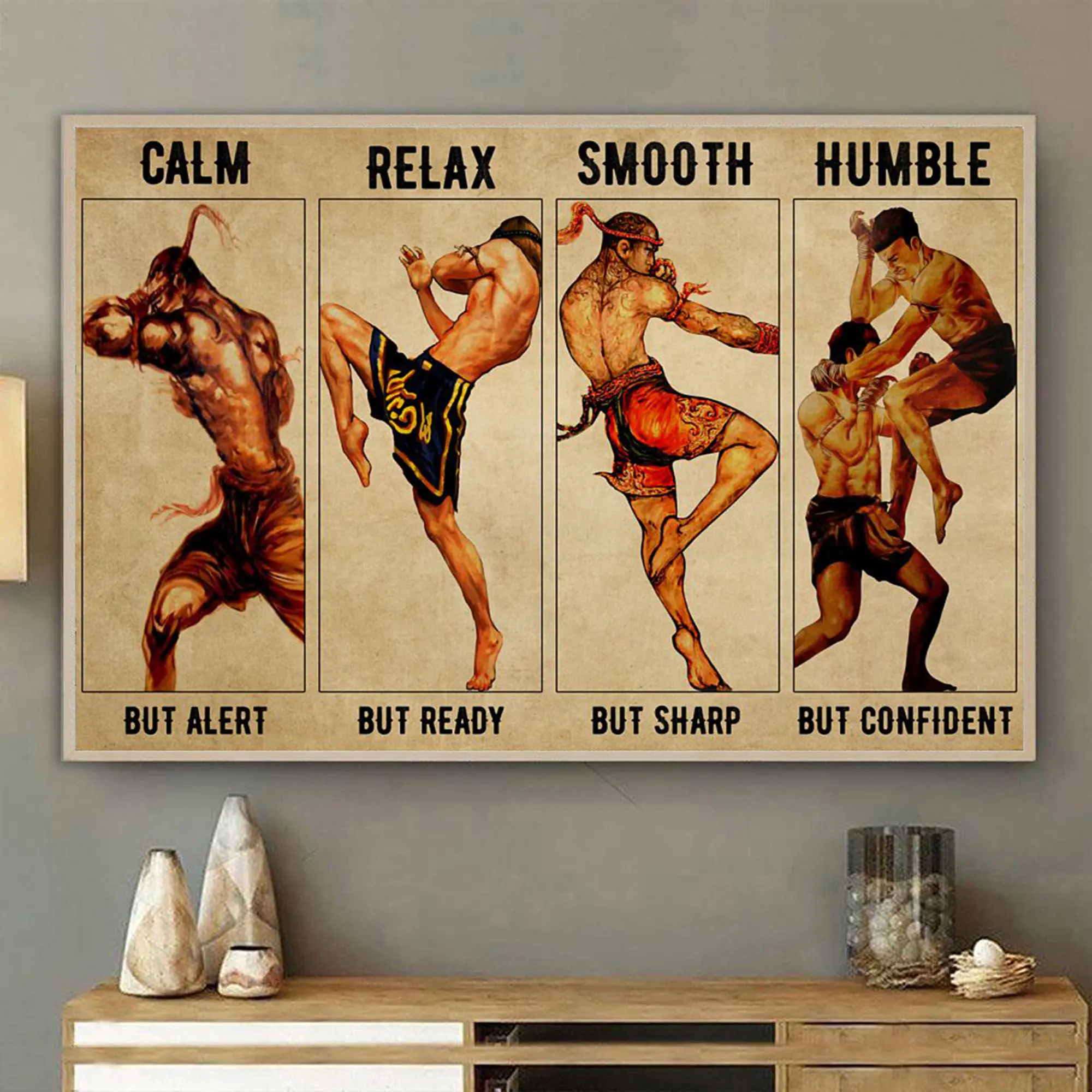 Four Moves Of Muay Thai Poster Prints Canvas Wall Art Vintage Cuadros Boxing Sports Art Picture For Man Cave Gym Room Home Decor