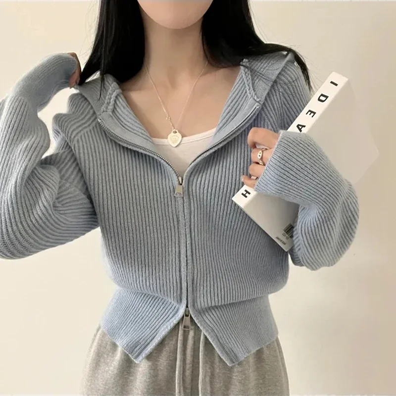 korean Long sleeve pink Short coats Tops Sweaters autumn winter Women zipper Knitted Cardigan casual loose solid hooded Sweater