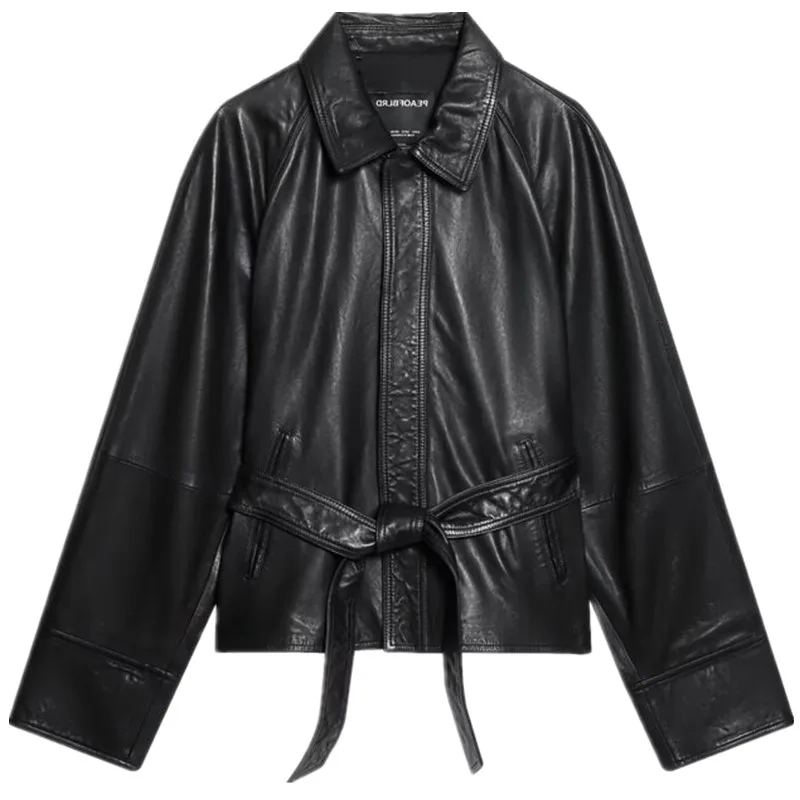 Bla ort Leather Jaet Women's Faionable Versatile Winter New Arrival Belted Coat Commute Sle Long Sve Button Closure