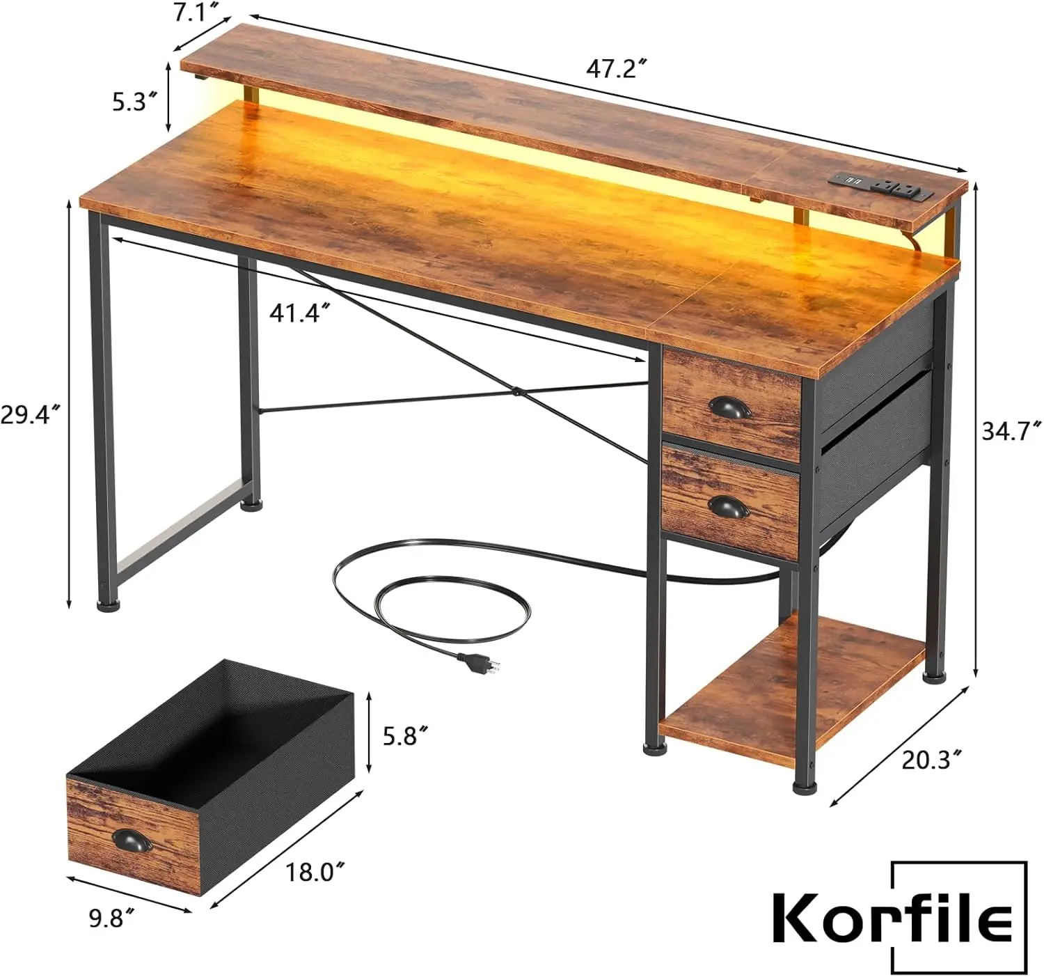 مكتب كمبيوتر بإضاءة LED مقاس 55 بوصة مع منافذ طاقة وأدراج تخزين وحامل شاشة لأعمال الكتابة في المكاتب المنزلية #3