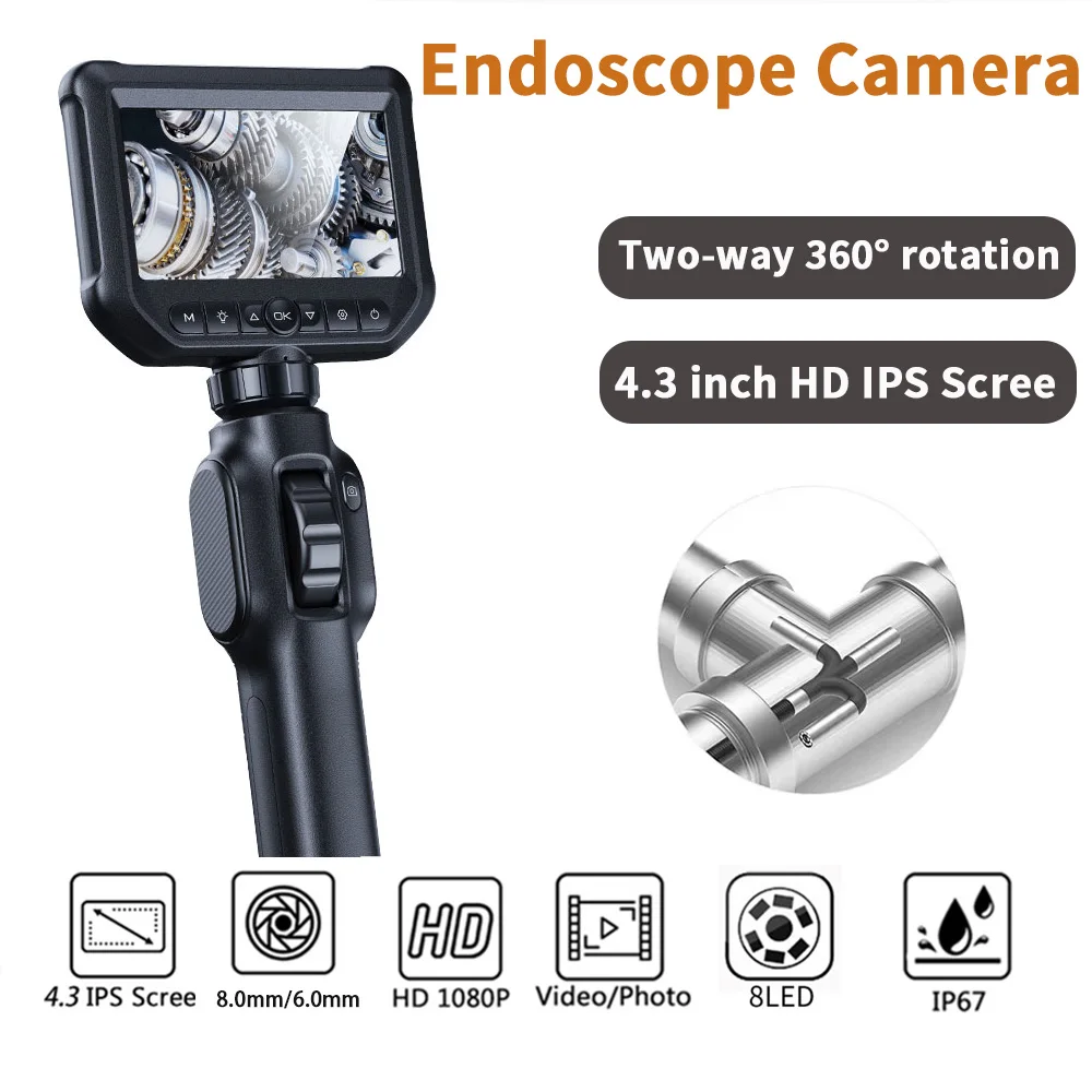 Two-Way Rotary 360° Industrial Piping Endoscope Camera Borescope Inspection Camera Endoscope With 4.3'' IPS Screen 8mm/6mm 1080p