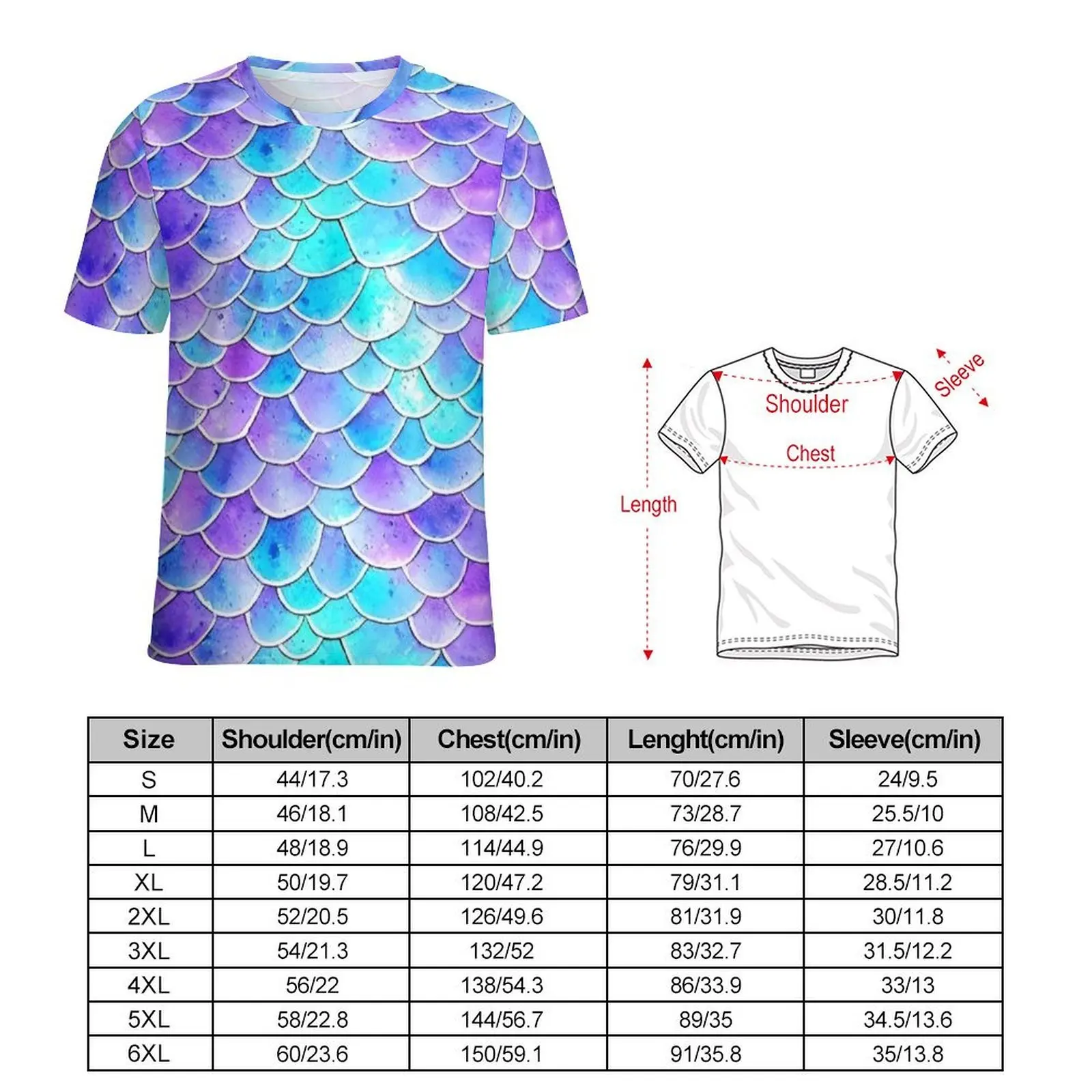 Purple Aqua Mermaid Scale T-Shirt  Vintage T-Shirts Men Streetwear Tee Shirt Beach Short Sleeve Graphic Tees 4XL 5XL 6XL