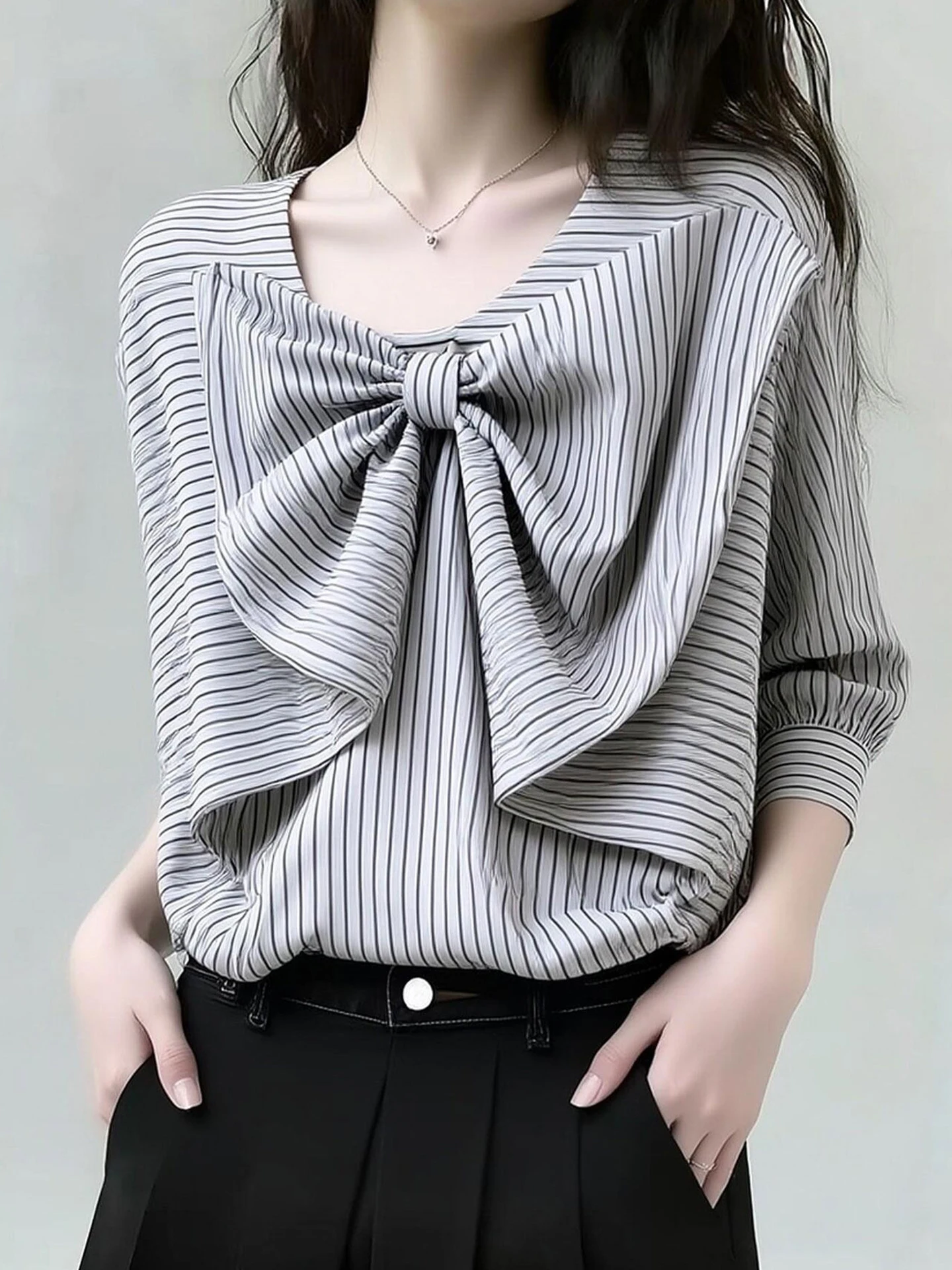 Fashionable Striped Design  Knot Shirt Summer Commute Style Comfortable Slimming Top Korean Loose Fit Seven Sleeve