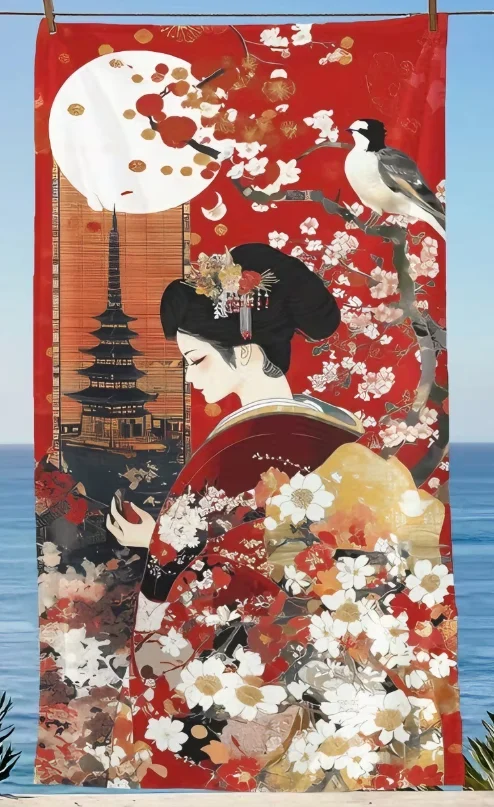 Japanese Geisha Cherry Blossom Beach Towel, Microfiber Large Sand Free Quick Dry, Traditional Ukiyo-e Art Print