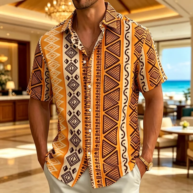 Primitive Ethnic Style Contrasting Color Printed Grid Geometric Totem Design for Men's Summer Thin Vacation Casual Lapel Shirt