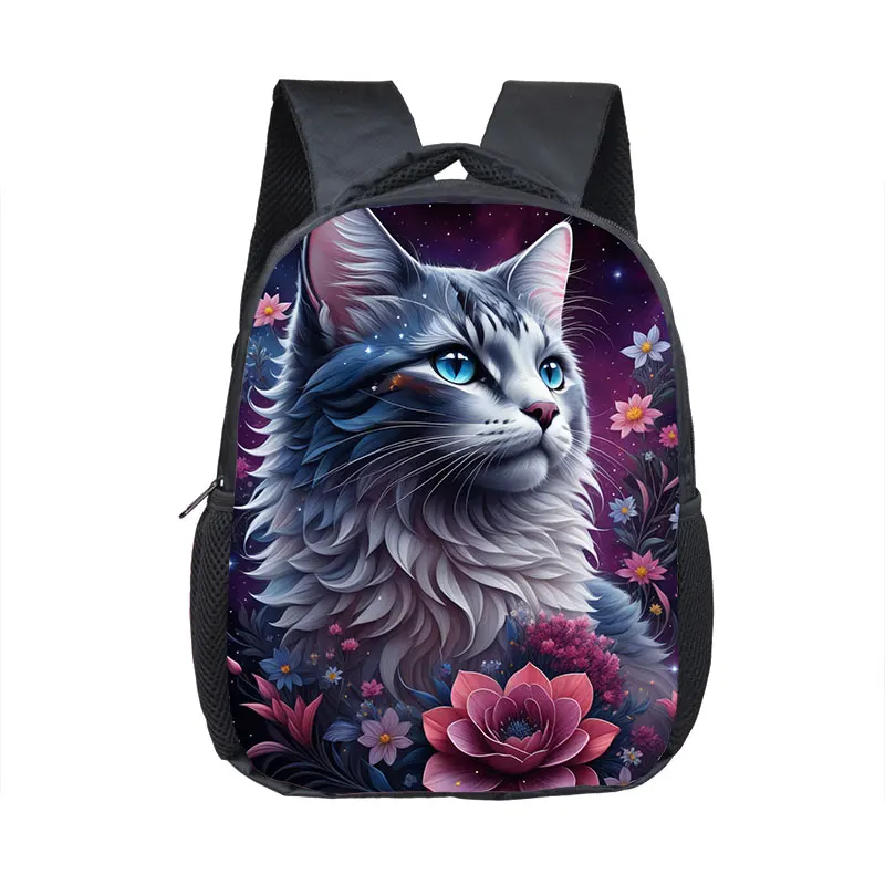 12inch Starry Sky Flower Cat Backpack for 2-4 Years Old Cute Cat School Bags for Kids Bookbag Kindergarten Mini Backpacks Gift