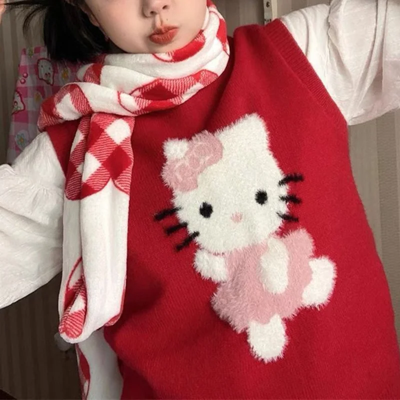 Sanrio Hello Kitty Red Sleeveless Knitted Sweater Vest Women\'s Cute Cartoon Pattern Autumn Knitwear Shirt Vest Clothes