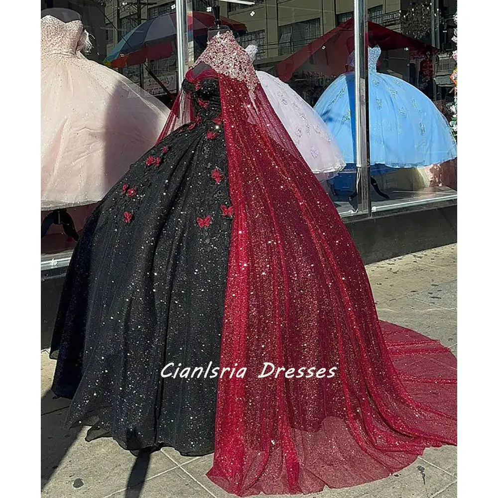 Robes de Quinceanera à plis en cristal scintillant noir avec châle, robe de Rh, appliques papillon 3D, corset en dentelle, robe éducative De XV Anos