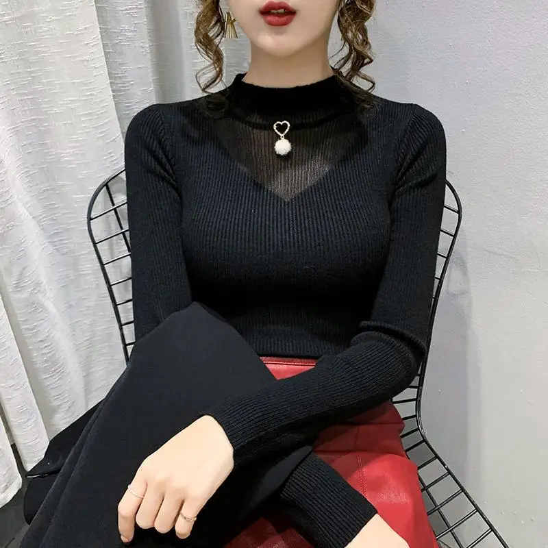 Autumn and Winter Fashion Office Lady Solid Color Turtleneck Long Sleeve Sweater Women Clothes Elegant Temperament Slim Tops