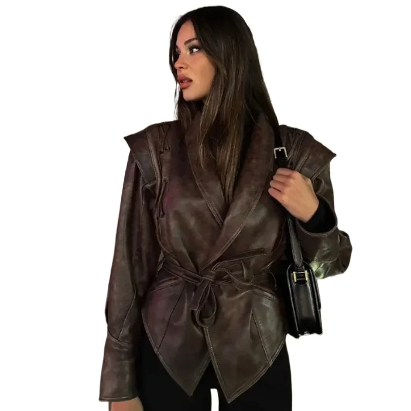 

Vintage Faux Leather Women Autumn Winter Jacket Lapel Single Button Leather Jacket with Belt Shoulder Crossover Braided Overcoat