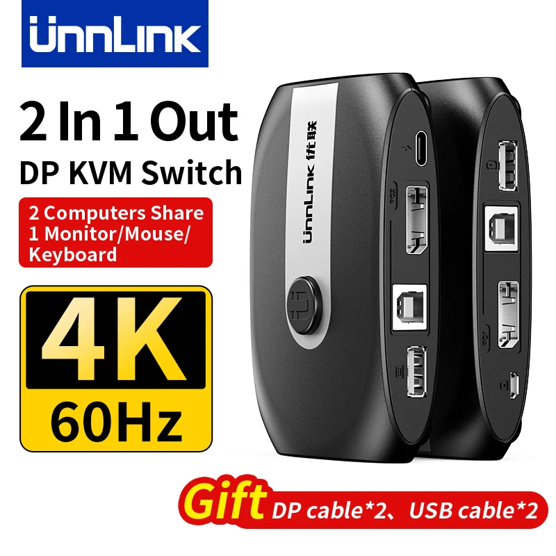 Unnlink 4K 60Hz DP KVM Switch 2 Ports Hot Key Switching 2 In 1 Out Video Switcher for PC Laptop to TV Monitor