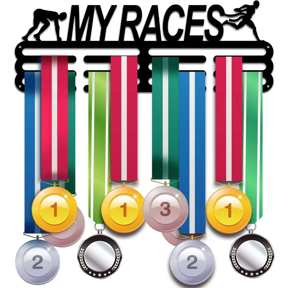 

Medal Hanger Holder Display Rack My Races Medal Hanger Awards Ribbon Cheer 3 Lines Sport Award Rack Wall Mount Metal Frame