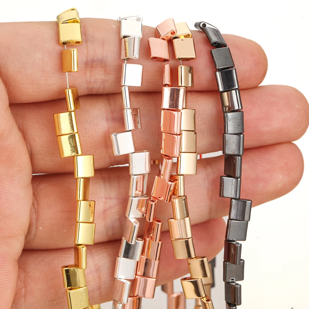 Natürliche 5x5mm Goldene Silberne Doppelloch-Hämatit Wasserplattierte Quadratische Lose Perlen für Schmuckherstellung DIY Armband Zubehör
