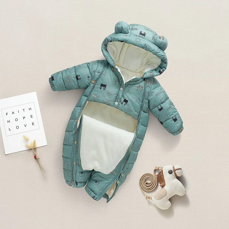 2024 Winter Baby Boys Snowsuit Hooded Plus Velvet Warm Toddler Girl Rompers Pattern Printed Padded Infant Boys Overalls Coat