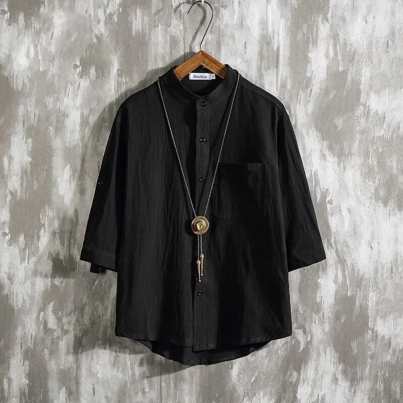 Men's Street Casual Pockets Patchwork Blouse Summer New Half Sleeve Solid Loose All-match Shirt Tops Vintage Fashion Men Clothes