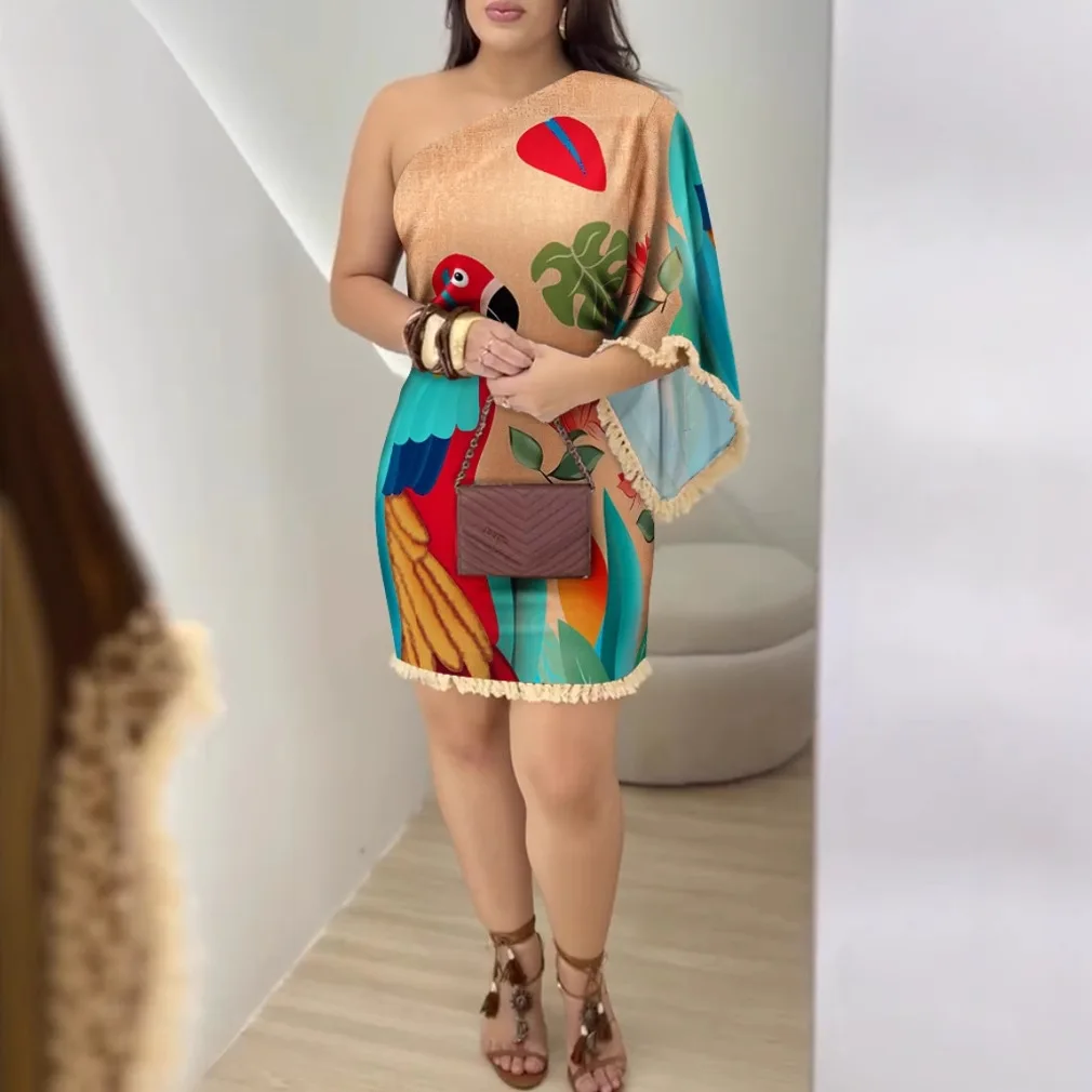 ファッションタッセルパッチワークプリントドレス女性の夏のオフショルダーセクシーなミニドレス女性のためのボヘミアンビーチホリデースリムサンドレス