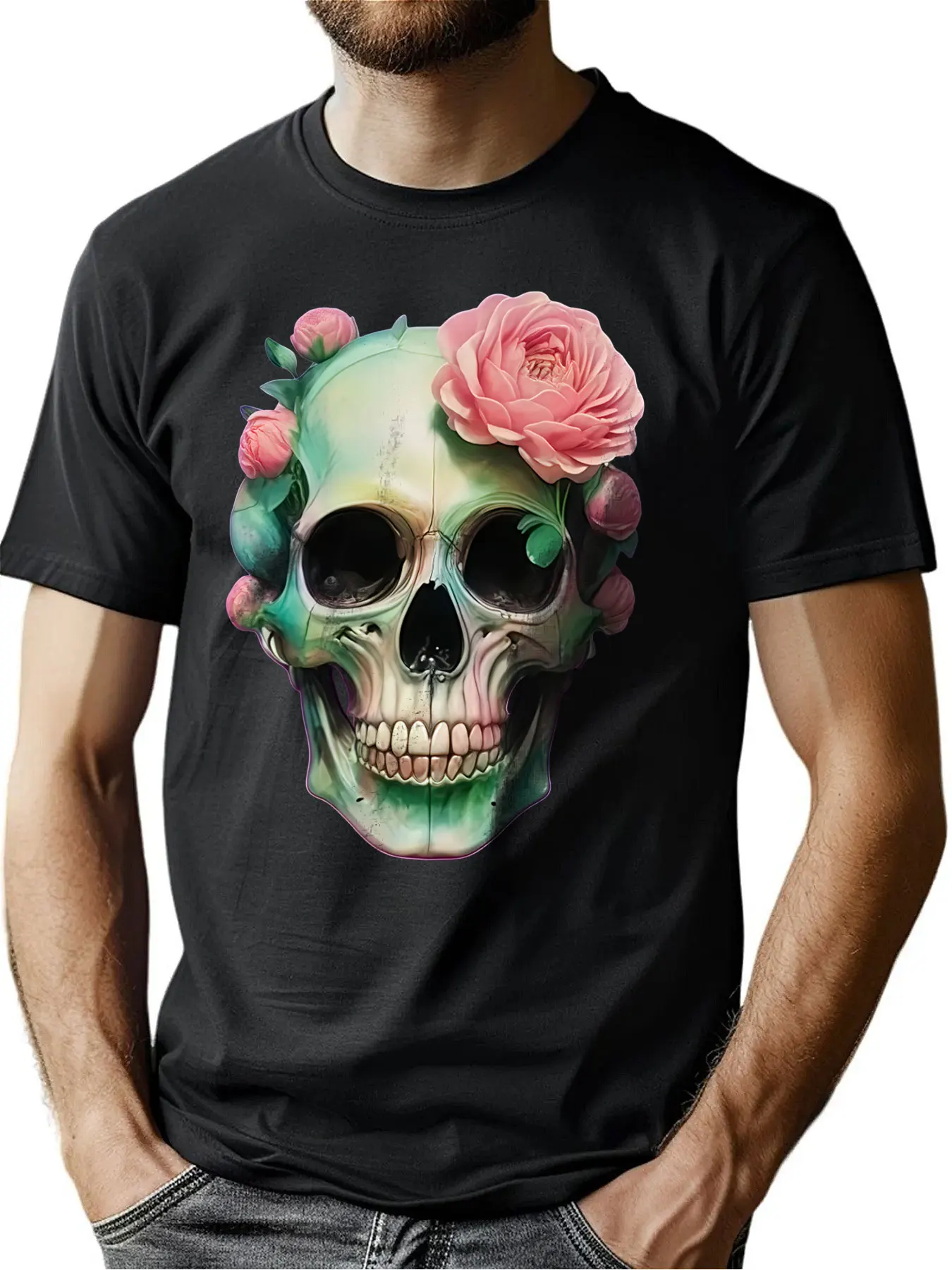 

Soft Cotton Men's Crew Neck Tee With Skull And Rose Accents Thanksgiving Gift Machine Washable Outdoor Comfort For Active Men