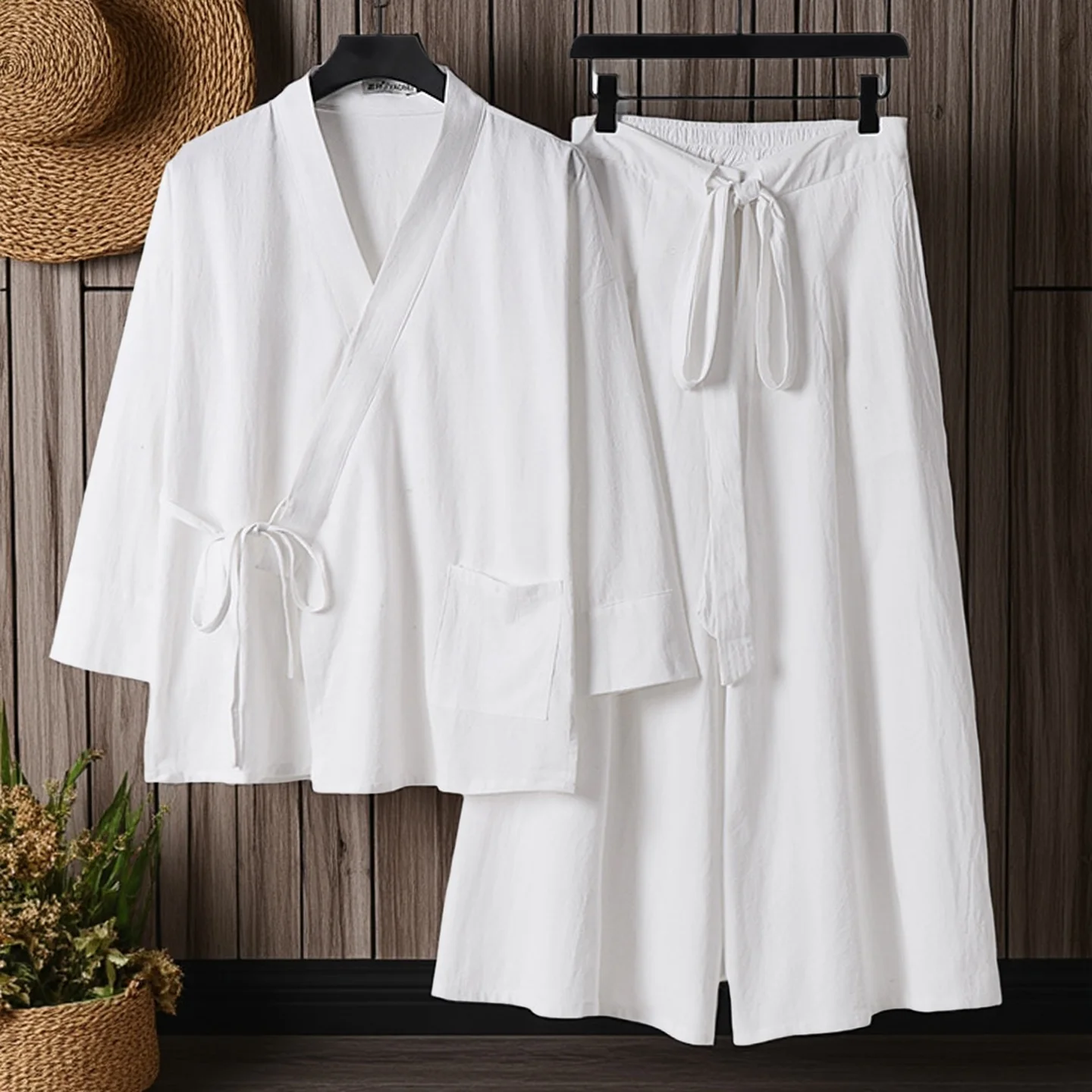 

Летний мужской комплект Ханьфу из хлопка и льна: повседневная домашняя одежда, халат с рукавом 3/4, домашний костюм