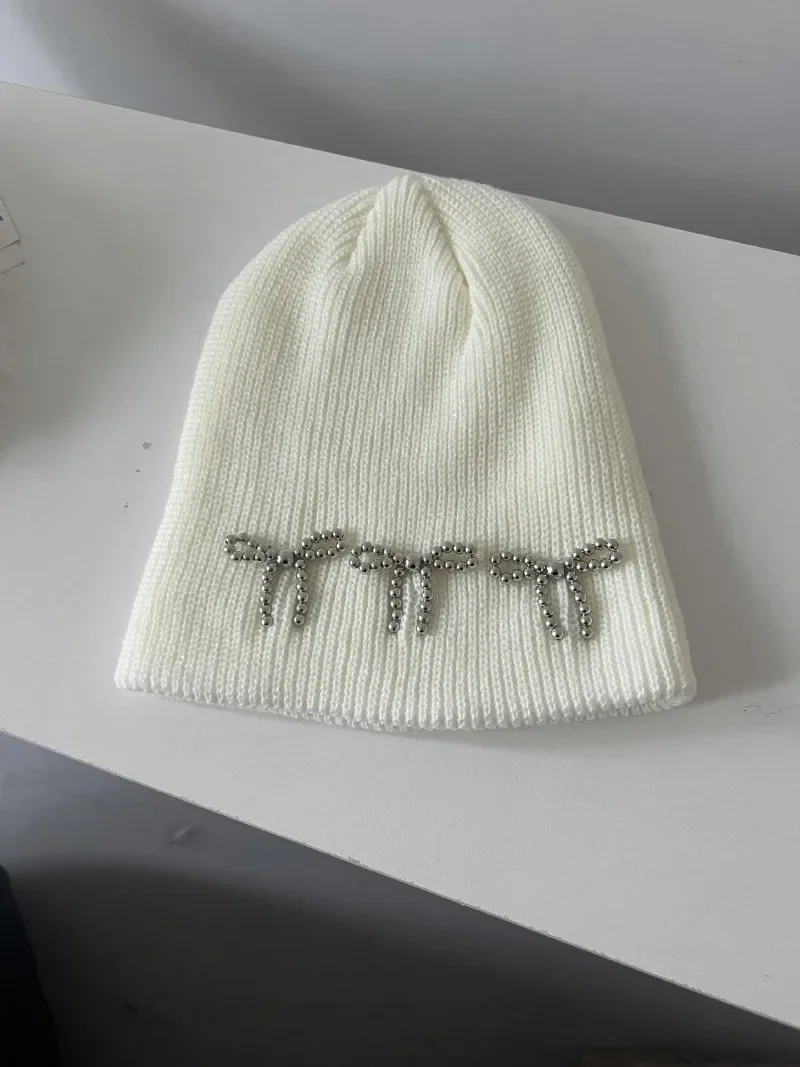 

Korean Metal Bow Knitted Hat Ins Style Cute Y2K Girls' Hat Autumn and Winter Personalized Fashion Warm Ear Protection Hat