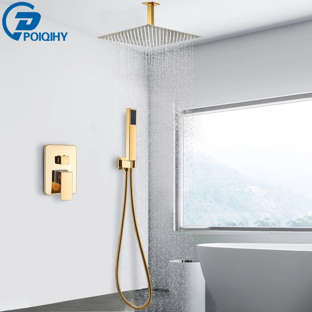 Golden Bathroom Shower Faucets Set 3-Ways Rainfall System Wall Mounted 8 10 12'' Shower Head Brass tub Spout Hot Cold Mixer Tap