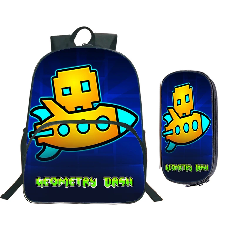 Jogo Geometry Dash Print Mochila com estojo para crianças, mochila dos desenhos animados com raiva, bolsa para laptop de grande capacidade