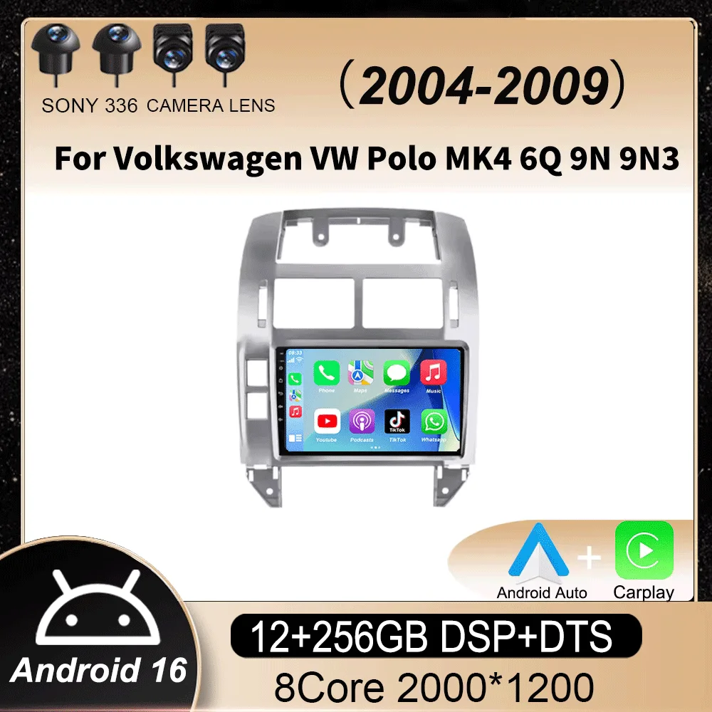 

For Volkswagen VW Polo MK4 6Q 9N 9N3 2004- 2009 Car Radio Android 16 Auto Multimedia Video Player GPS Carplay QLED Screen Stereo