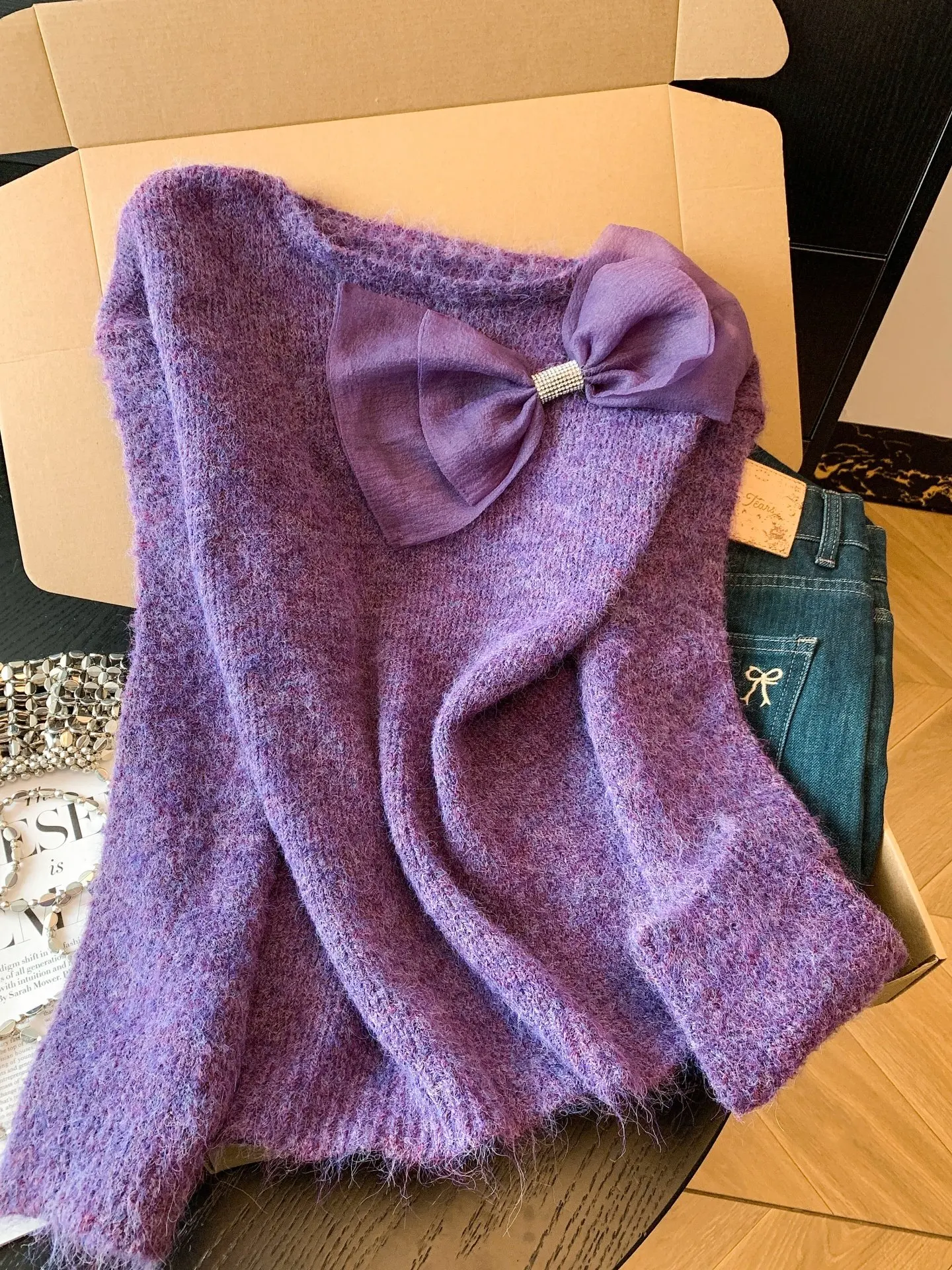 

Purple Knot round Ne Knitted Sweater Women's Autumn Winter New Lazy Korean Sle Camere Top Comfortable Breathable