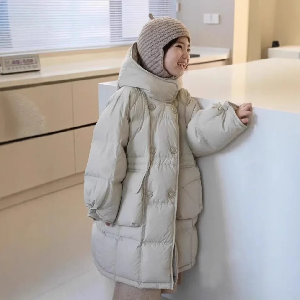 

Winter Children Girl Jacket Cotton Padded Solid Thicken Warm Baby Girl Outerwear Loose Large Pocket Hooded Little Girl Long Coat
