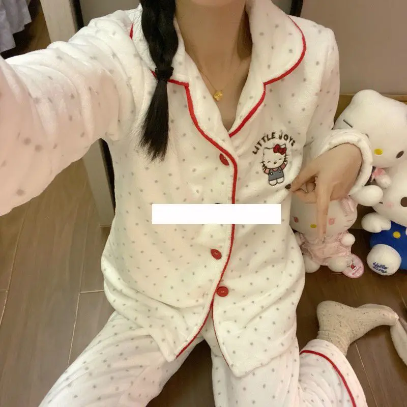 Sanrio Hello Kitty pyjamas femmes hiver corail velours épaissi chaud dessin animé vêtements d'extérieur maison vêtements costume velours pantalon