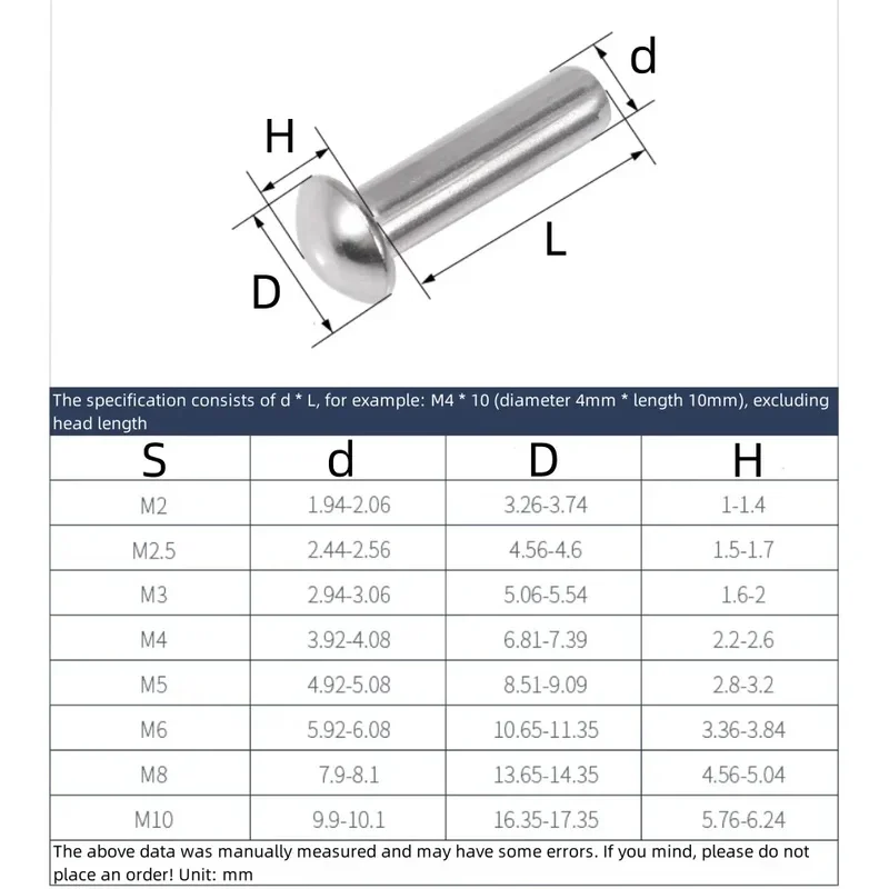 A2 70 304 Stainless Steel Solid Round Head Rivet Self Plugging Fastener M2 M2.5 M3 M4 M5 M6 M8 Pack 5 10 20 30 50 100pcs