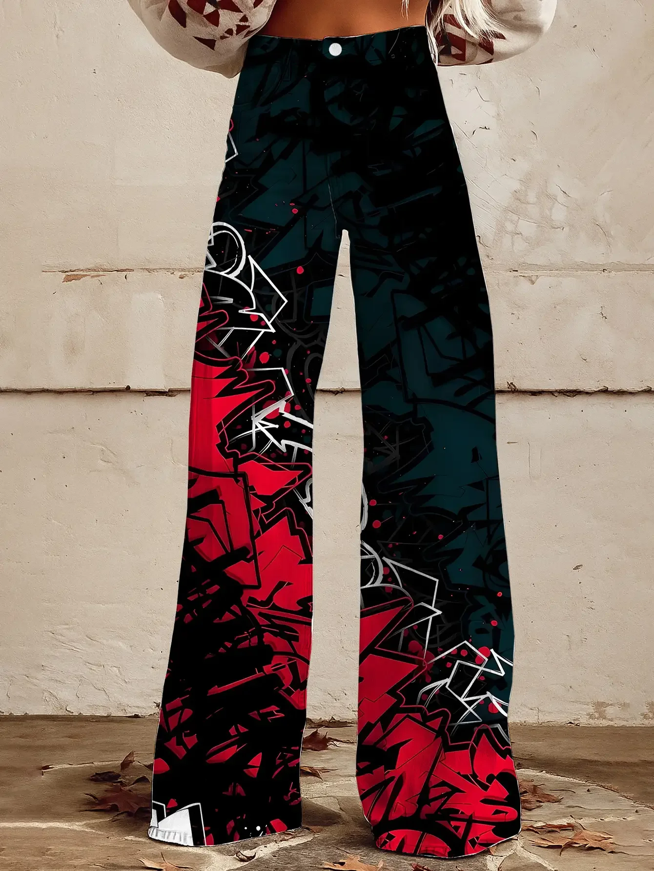 Ladies' casual jeans with colorful western prints , Retro fashion tie dye printed loose flared imitation jeans