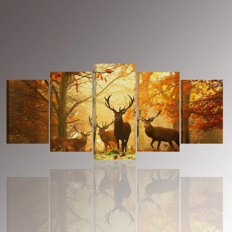 100CM high-definition framed 5-piece decorative painting, depicting the spirit of nature, elk, and home decor murals