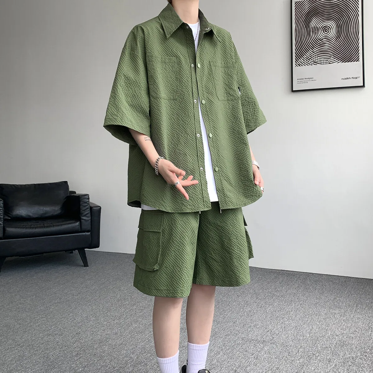 

Men's Plus Size Cargo Techwear Set Quick Dry Short Sleeve Shirt Elastic Waist Shorts 2-Piece Outfit Oversized Utility Streetwear