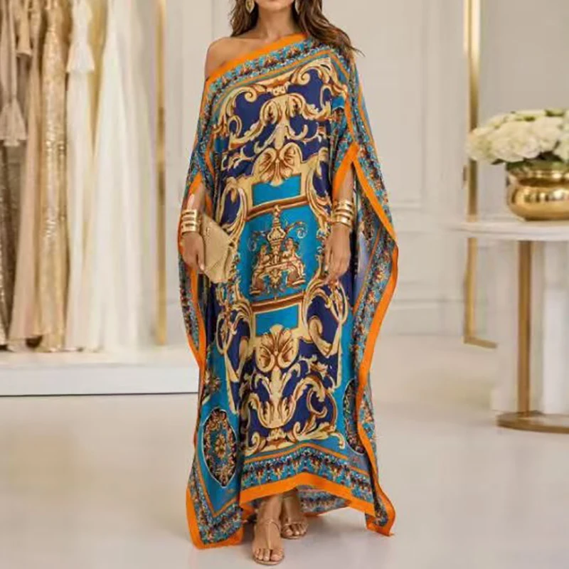 Elegant Sloping Collar Backless Loose Dress Early Autumn Vintage Printed Off Shoulder Dress New Casual Vacation Batsleeved Dress